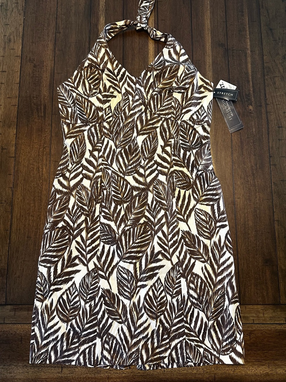 Jones New York Brown and White Leaf-Print Halter Mini Dress